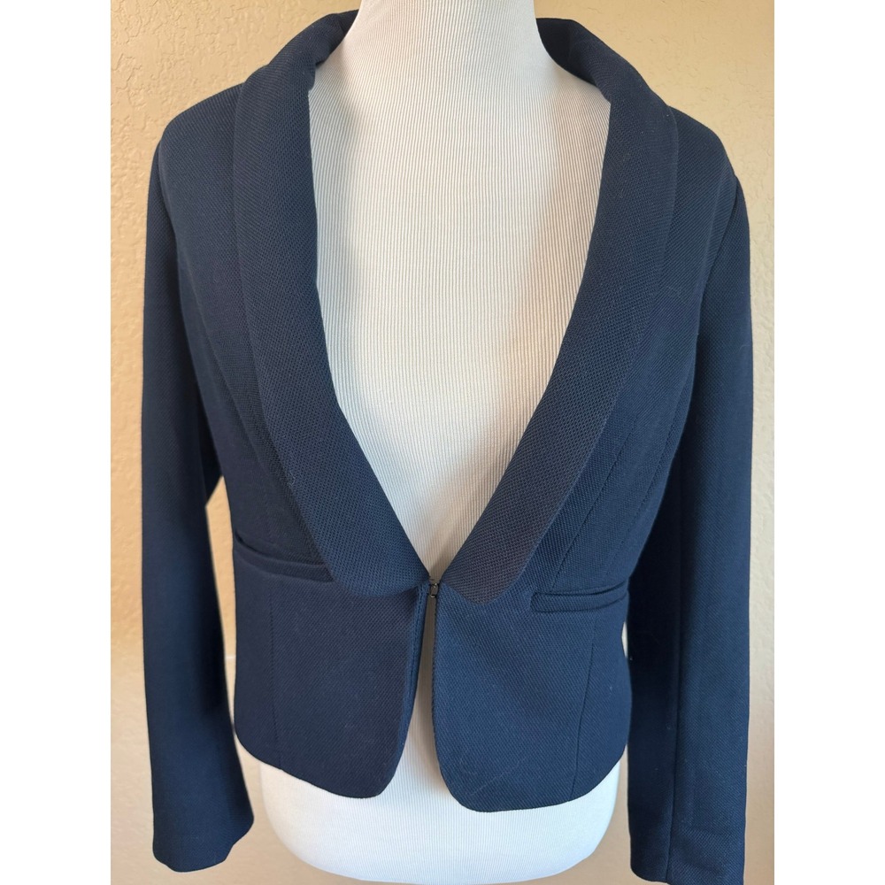 Kenar Womens Navy Blue Textured Shawl Collar Cropped Blazer Jacket Size M
